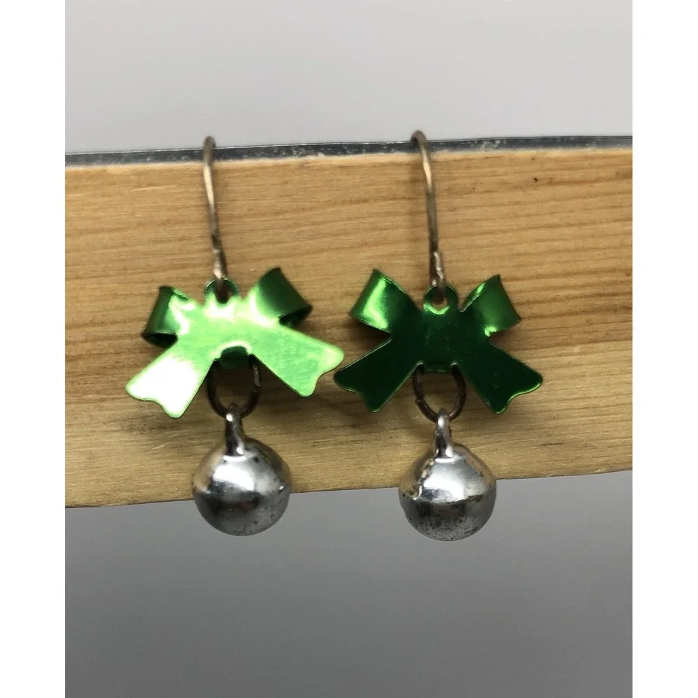 CHRISTMAS SILVER JINGLE BELLS, GREEN BOW FISH‎ HOOK BACK EARRINGS-SIZE SMALL